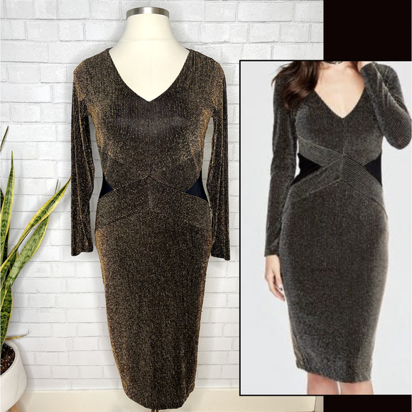 RACHEL Rachel Roy Dresses & Skirts - Rachel Roy Size 14 16 Gold Black Metallic Long Sleeve Bodycon Sheath Midi Dress